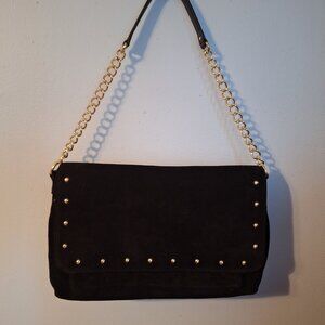 Talbots Classic Vintage Handbag / Purse - Black Suede w Gold Studs Gold Chain